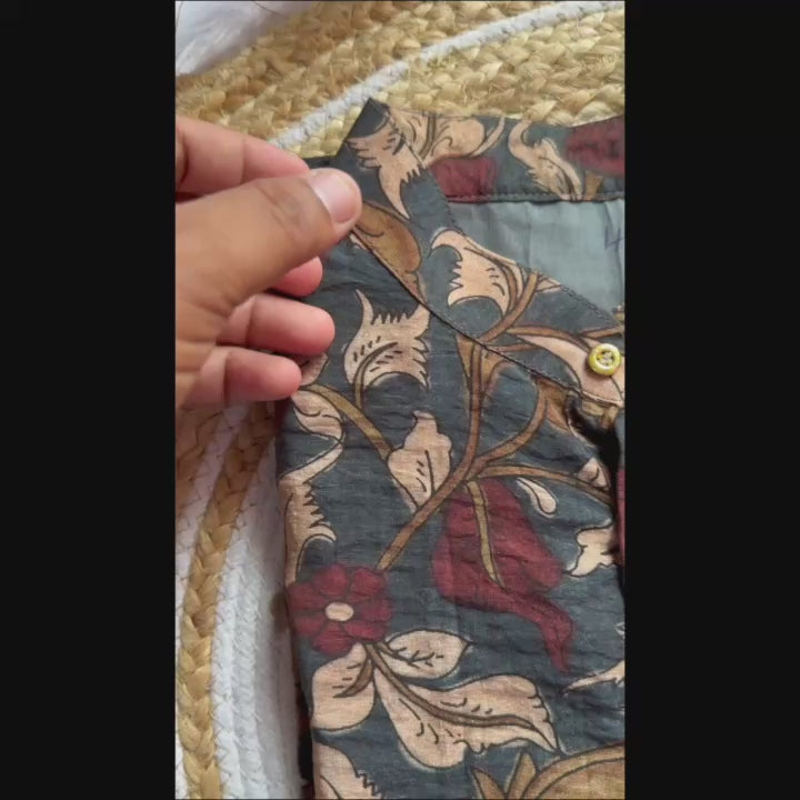 Slate Blue Floral Kalamkari Kurta – Chanderi