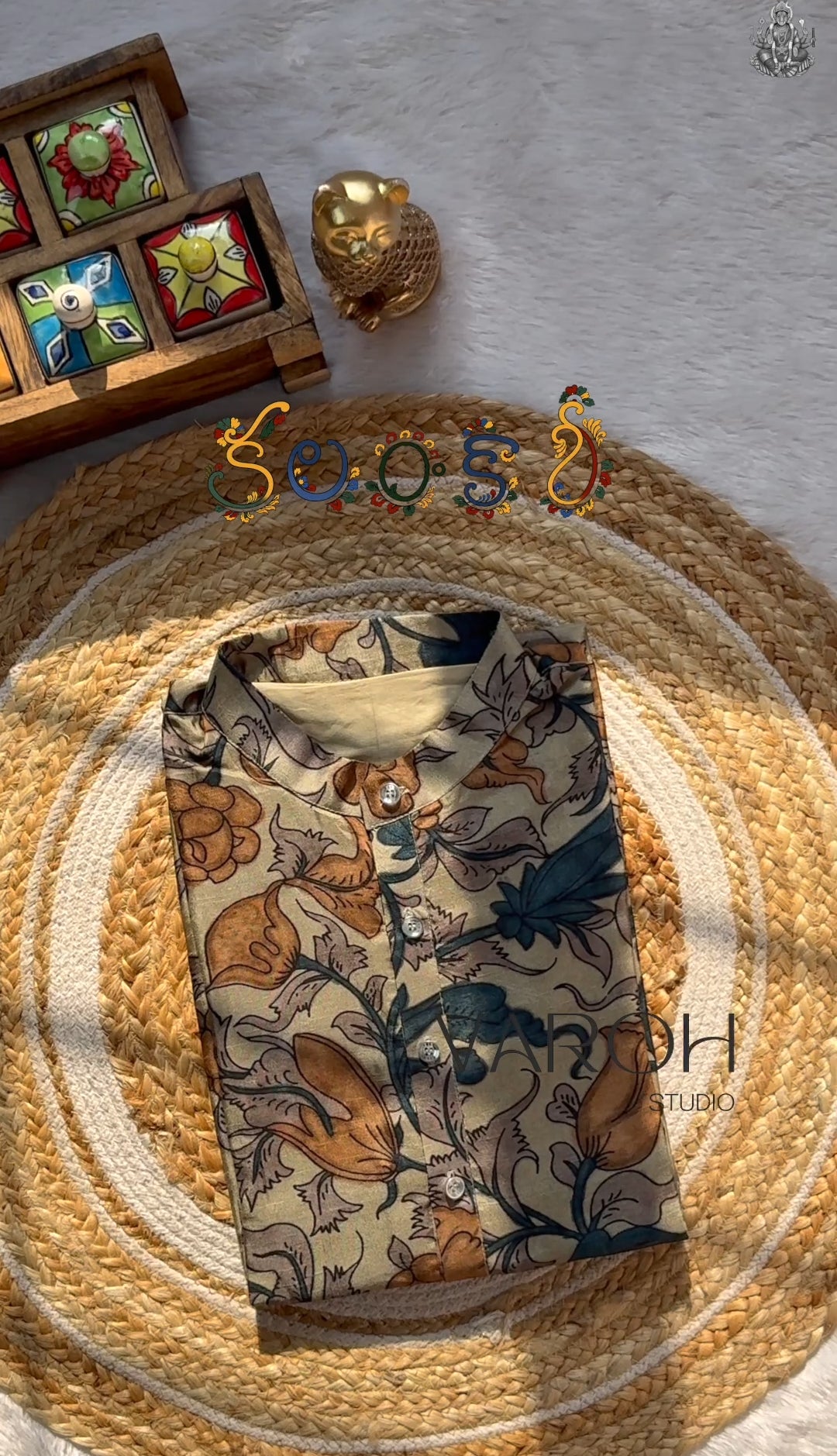 Kalamkari Floral - Beige & Teal Blue Men's Kurta