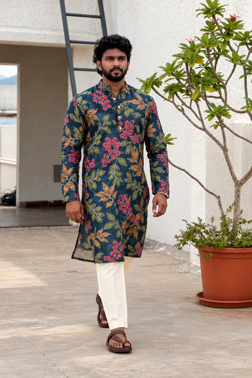 Kalamkari Floral – Deep Teal Blue Men’s Kurta