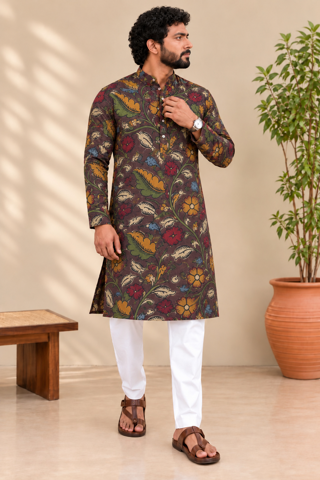 Kalamkari – Rich Plum Brown & Multicolour Floral Men's Kurta