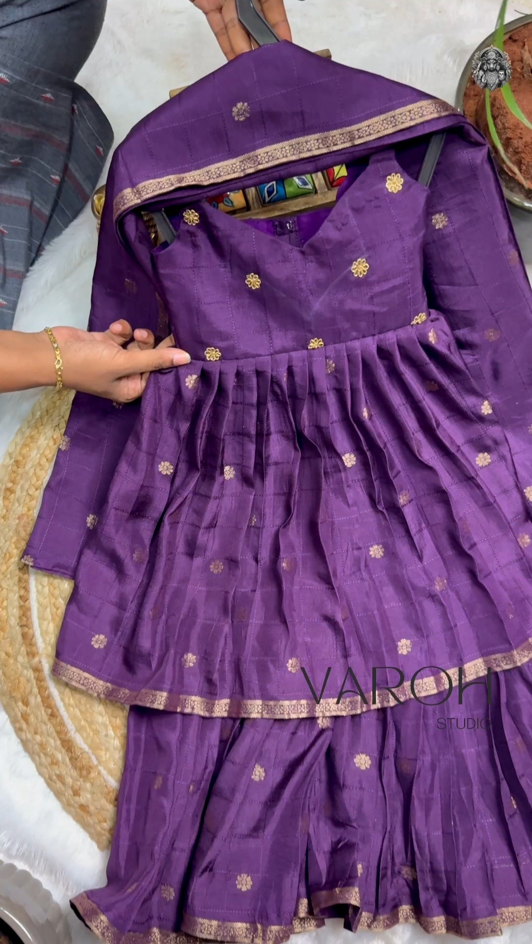 Purple Pure Dola Silk Sharara Set with Zari Border