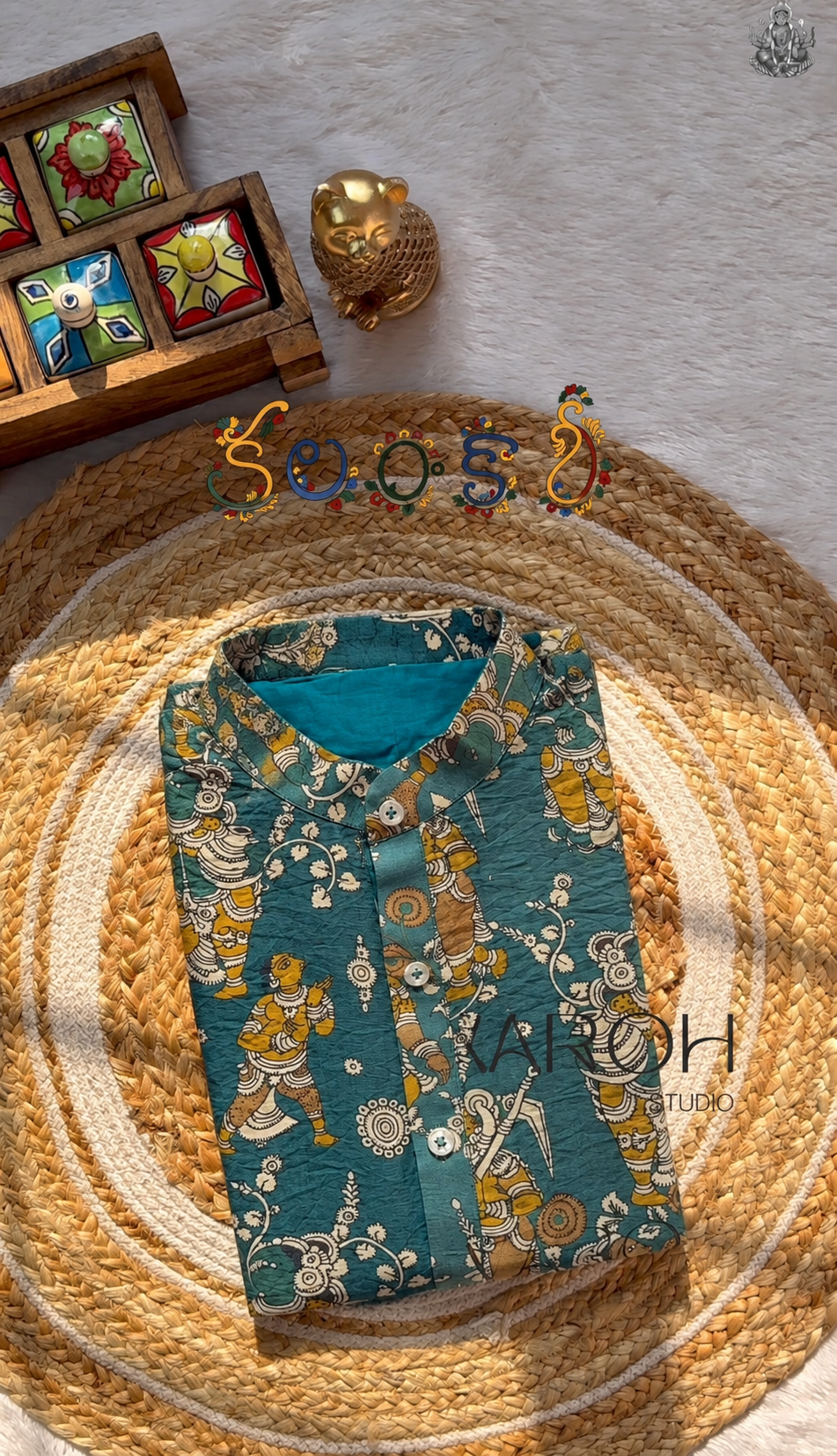 Teal Blue Kalamkari Folk Art Kurta