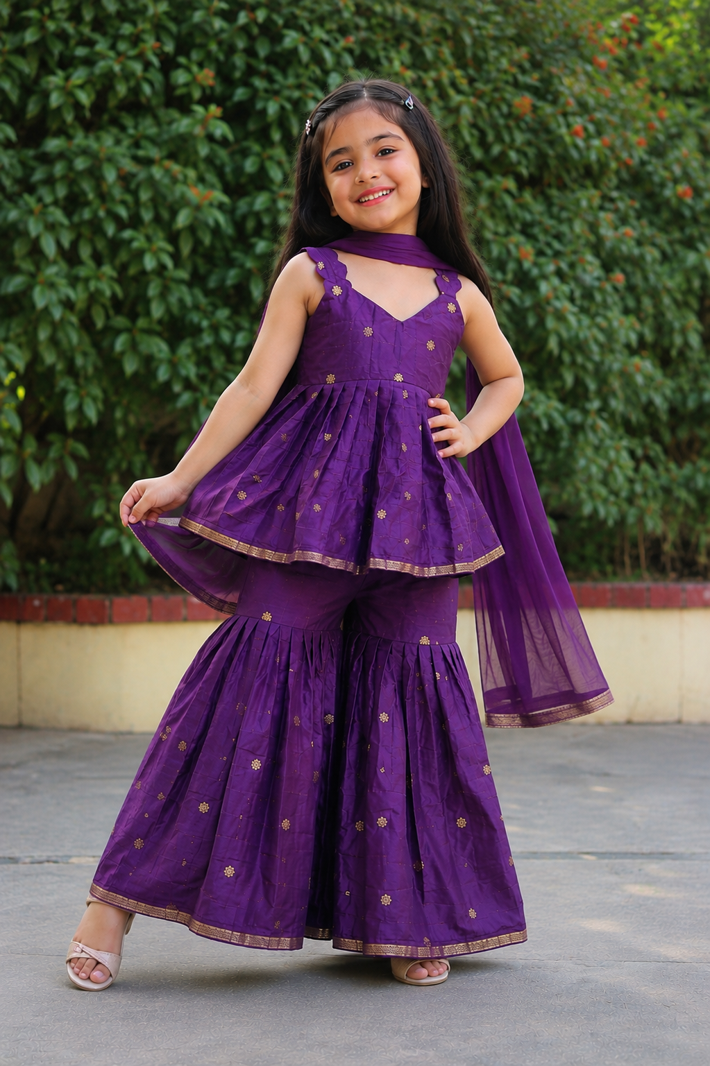 Purple Pure Dola Silk Sharara Set with Zari Border