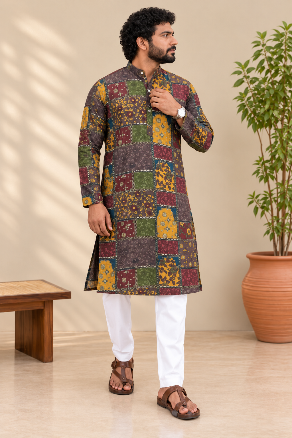 Multicolour Ajrakh Patchwork Print Men's Kurta